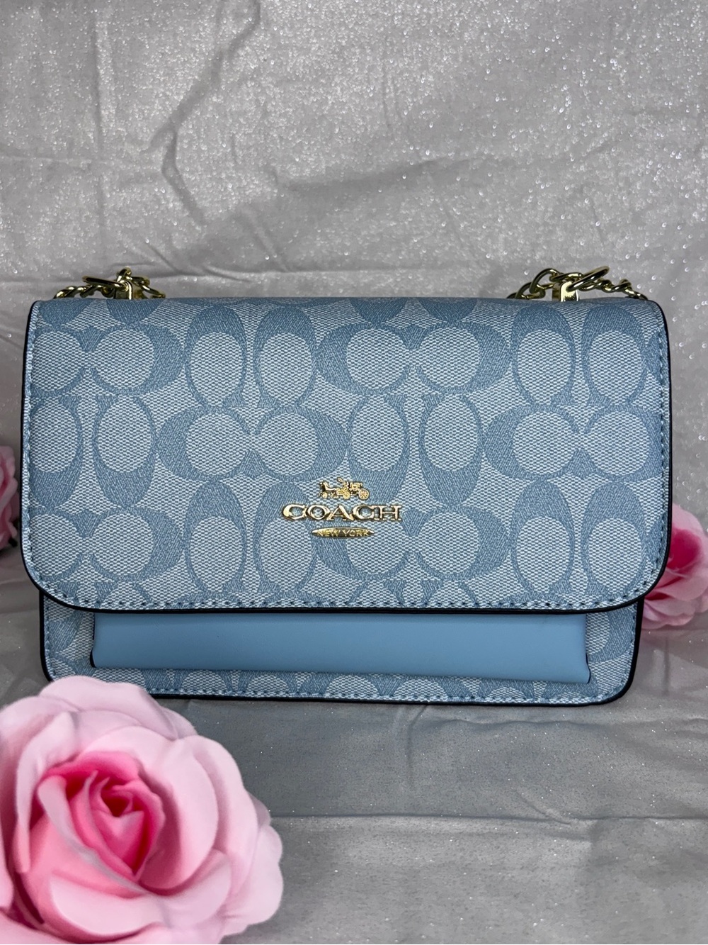 Coach Light Blue Signature Crossbody with Gold Hardware